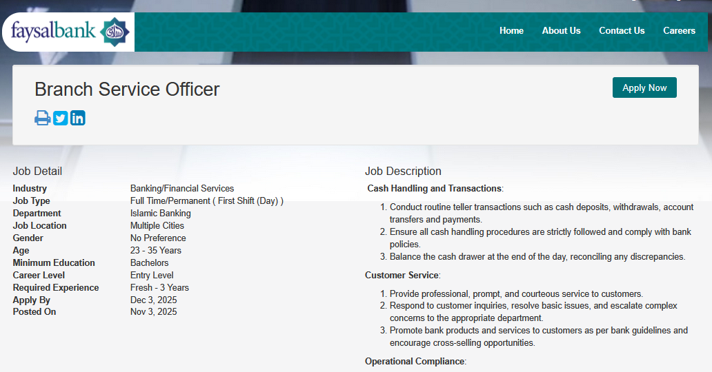  Faysal Bank Branch Service Officer Jobs 2025