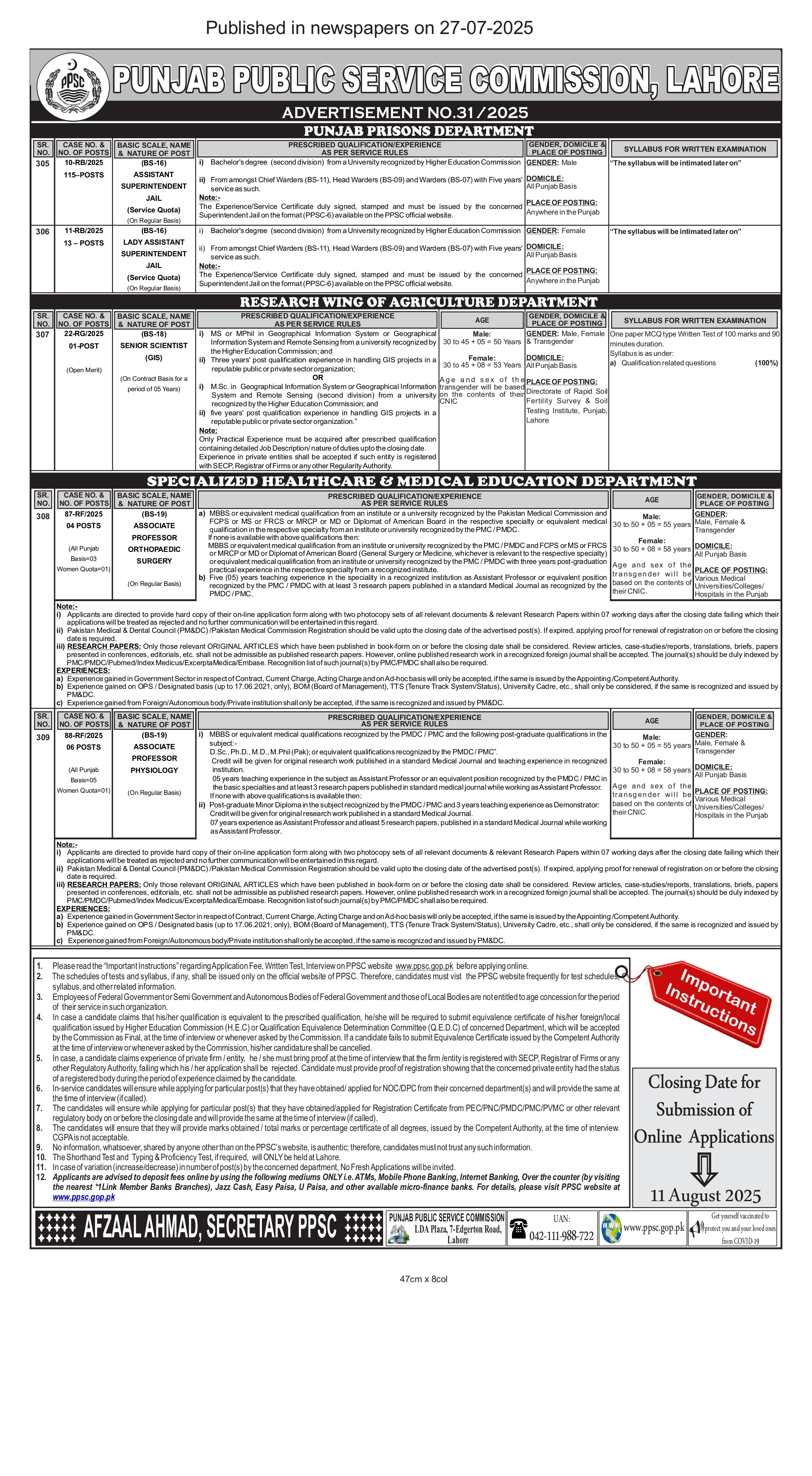  Punjab Prisons, Agriculture & Healthcare job Posts