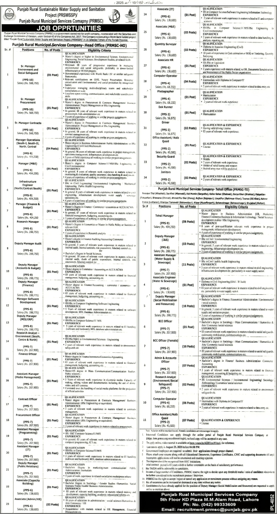 Punjab Rural Municipal Services Company Jobs 2025 PRMSC