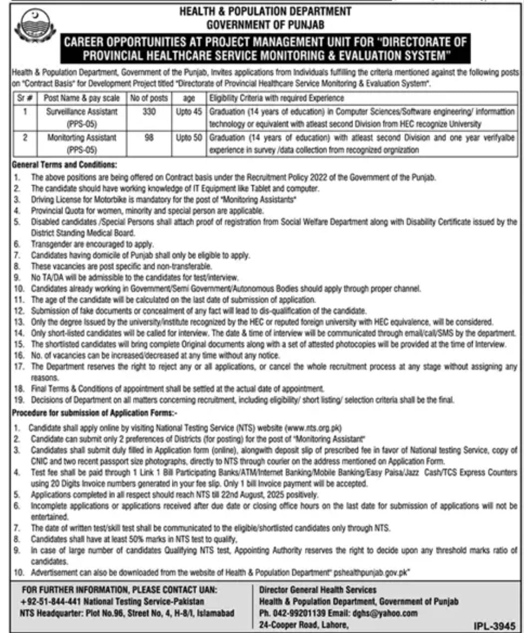  Punjab Health and population Department Jobs