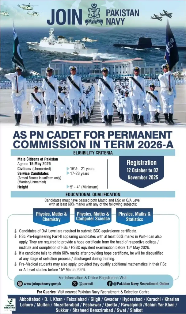  jobs in Pakistan Navy as PN Cadet for Permanent Commission - 2026