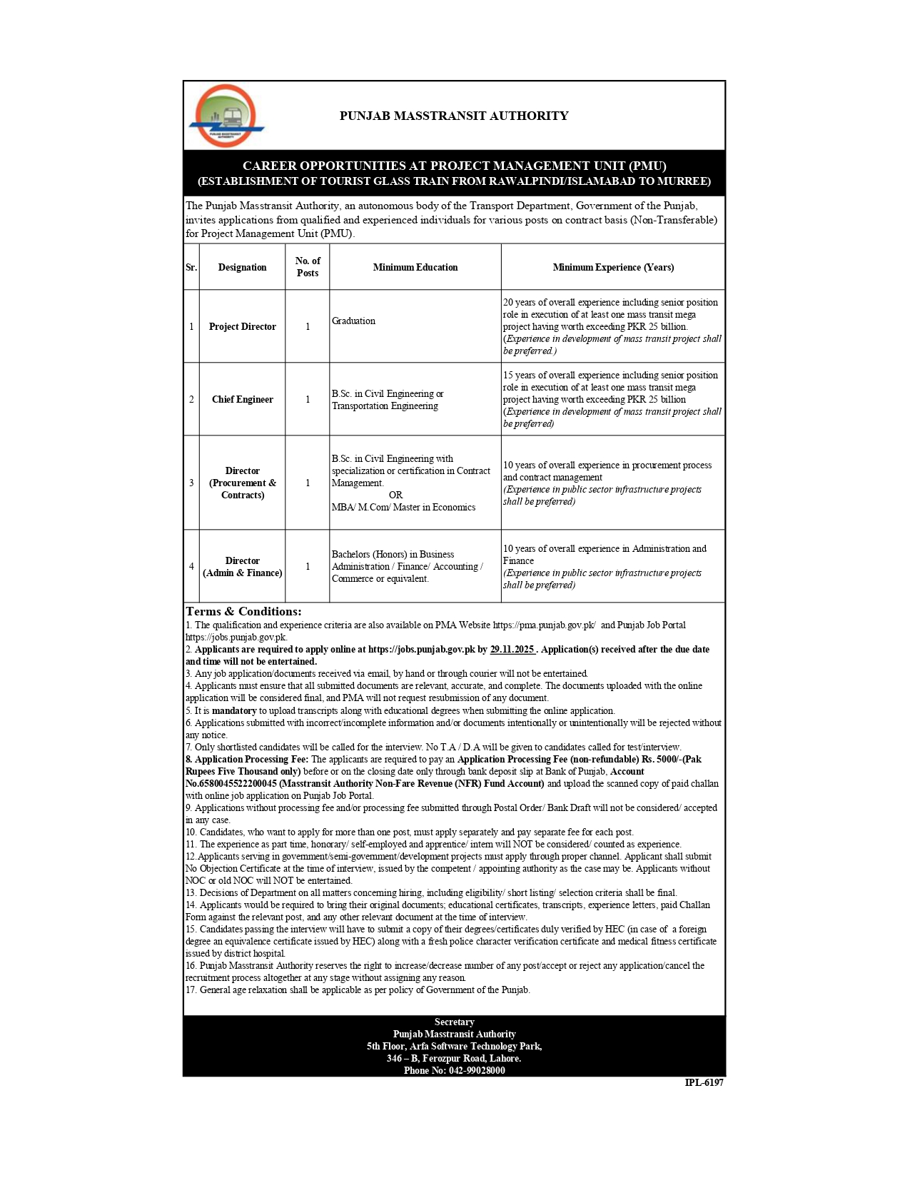  Punjab Masstransit Authority PMU Jobs 2025