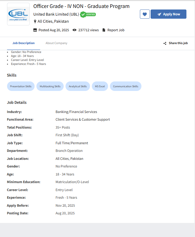  UBL Officer Grade IV Non-Graduate jobs 2025 | Banking Jobs in Pakistan | Apply Now