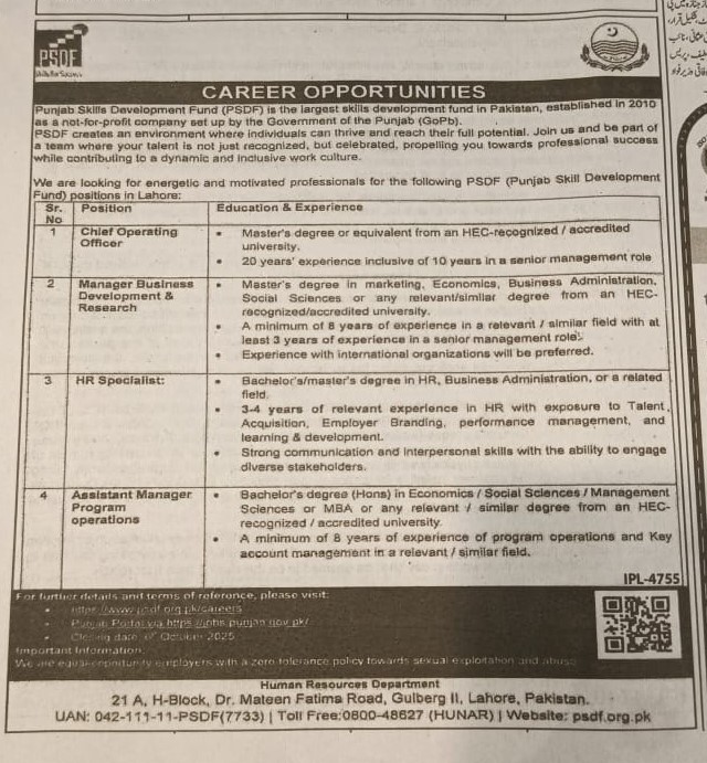  Jobs at Punjab Skill Development Fund (PSDF)