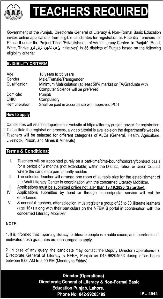  Teachers Required for Adult Literacy Centers in Punjab