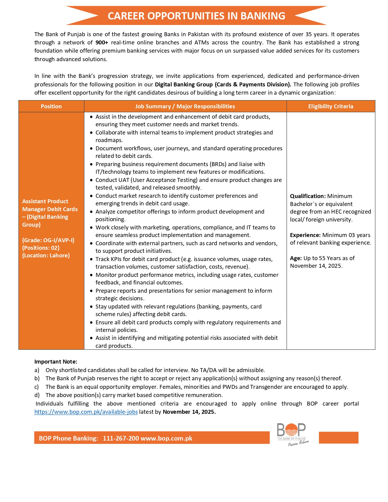  Assistant Product Manager Debit Cards | Bank of Punjab Jobs 2025 