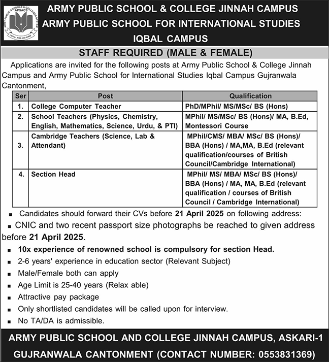  Job Openings at Army Public School & College Jinnah Campus