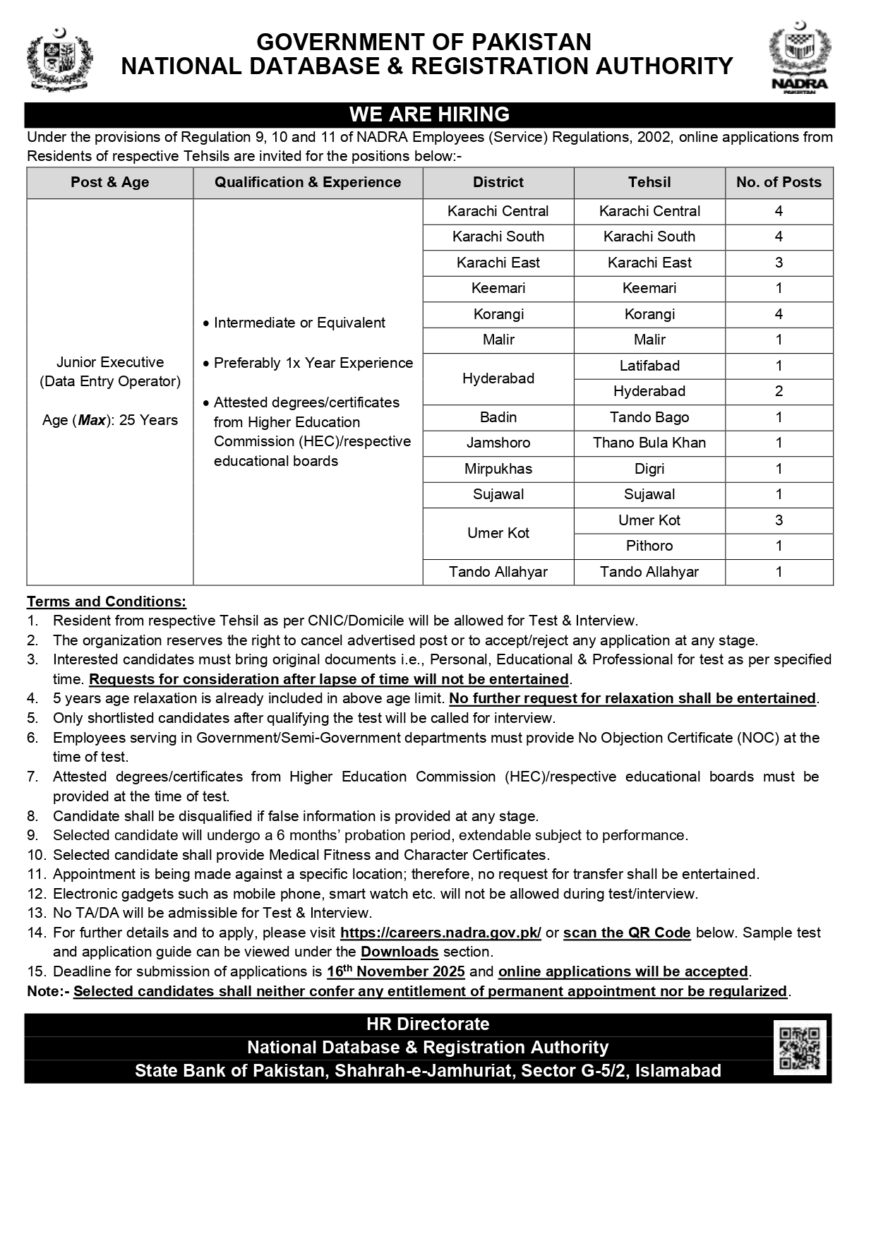  NADRA Junior Executive Vacancies in sindh