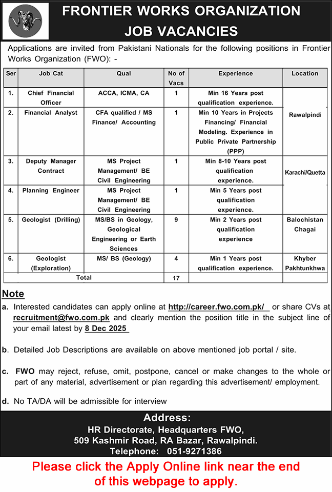  FWO Jobs 2025 – Latest Frontier Works Organization Vacancies