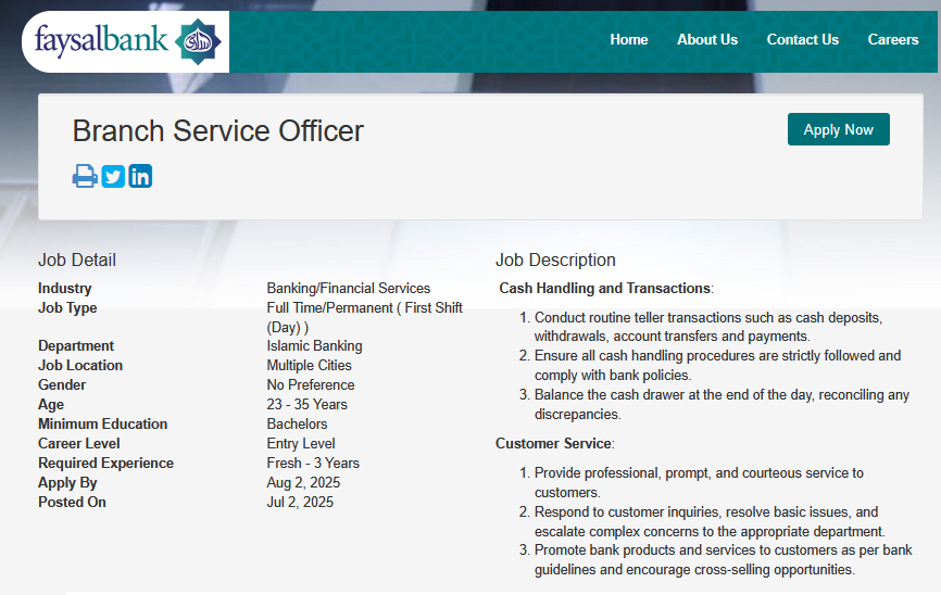  Faysal Bank Jobs 2025 Branch Service Officers