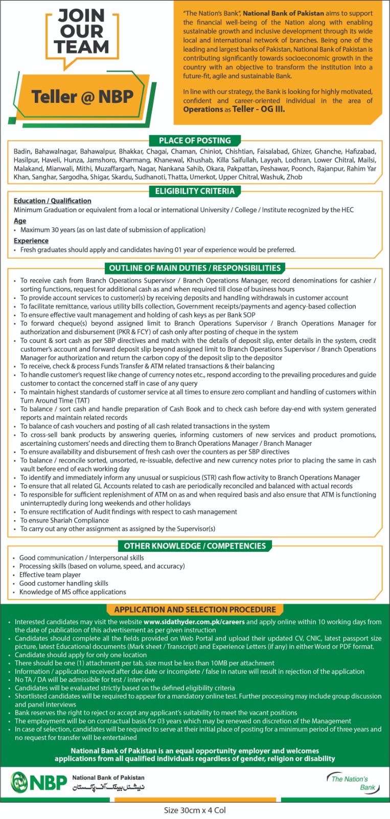  NBP Jobs 2025 Teller OG-III Advertisement Online Apply