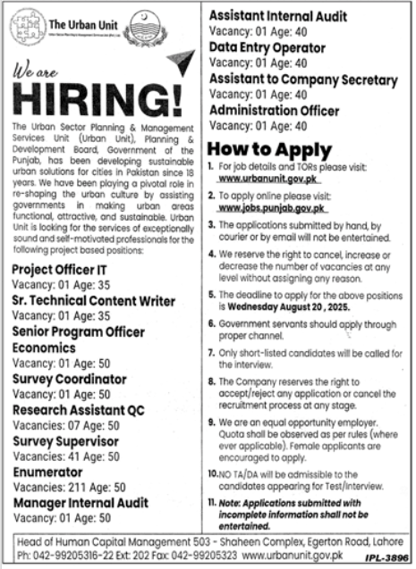  Urban Unit Jobs 2025 | Survey Supervisor, PSer Enumerator, IT, Audit & More | Apply Now