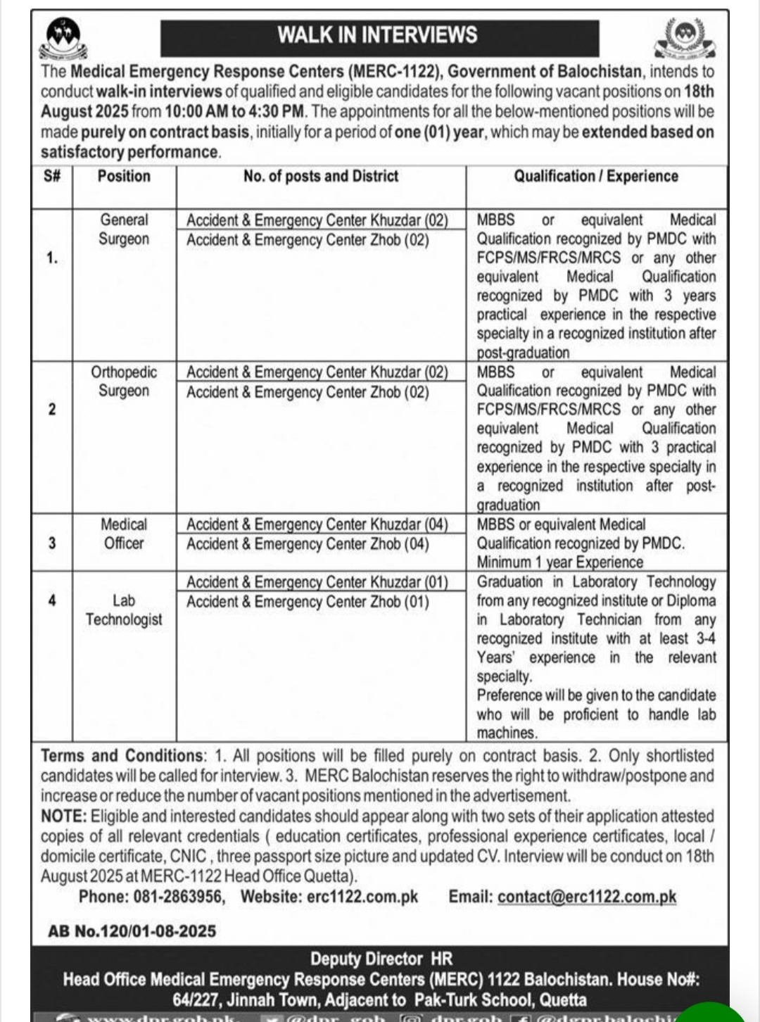  Walk-In Interviews Rescue-1122 Balochistan | Medical Jobs August 2025