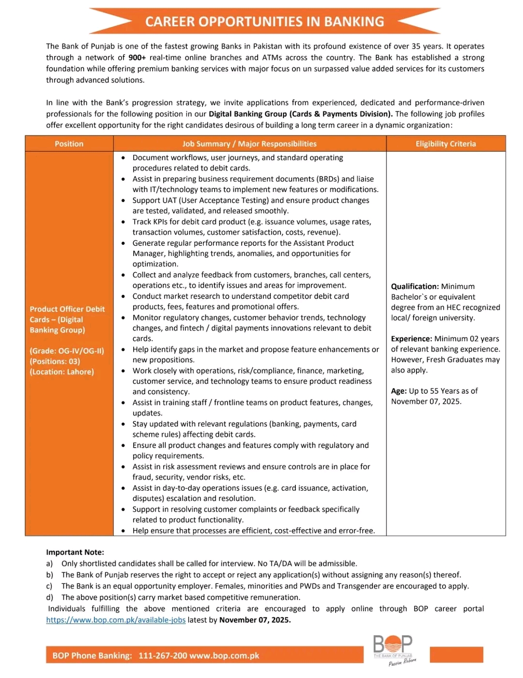  Bank of Punjab Jobs 2025 – Product Officer Debit Cards