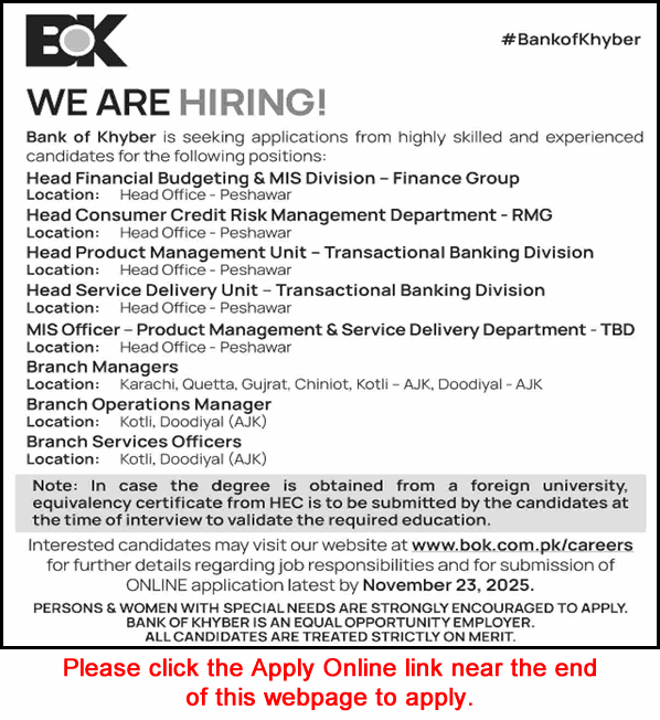  Bank of Khyber Jobs 2025