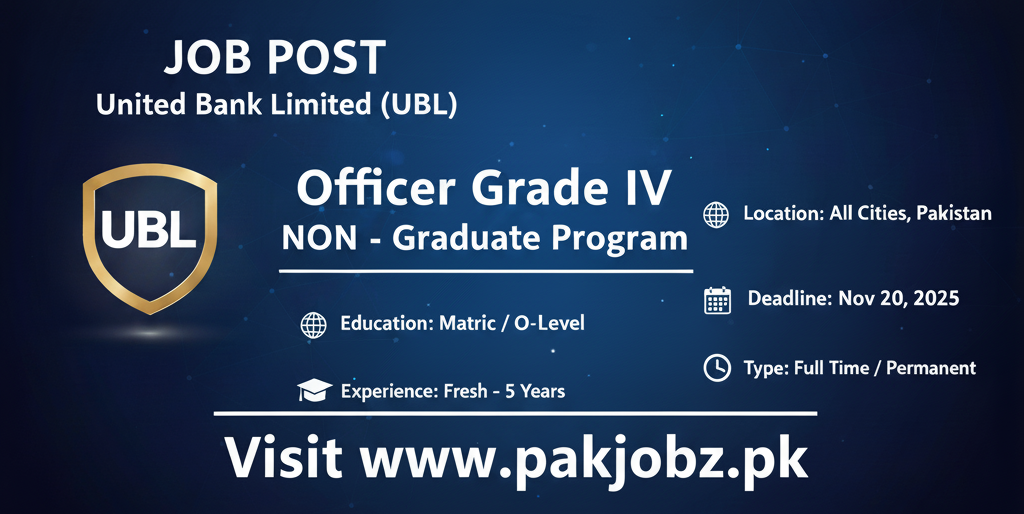 UBL Officer Grade IV Non-Graduate jobs 2025 | Banking Jobs in Pakistan | Apply Now