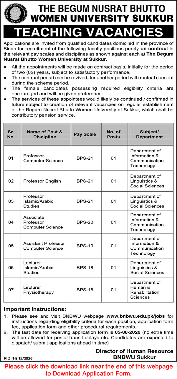 BNBWU Sukkur Teaching Faculty Jobs 2026 Apply Online