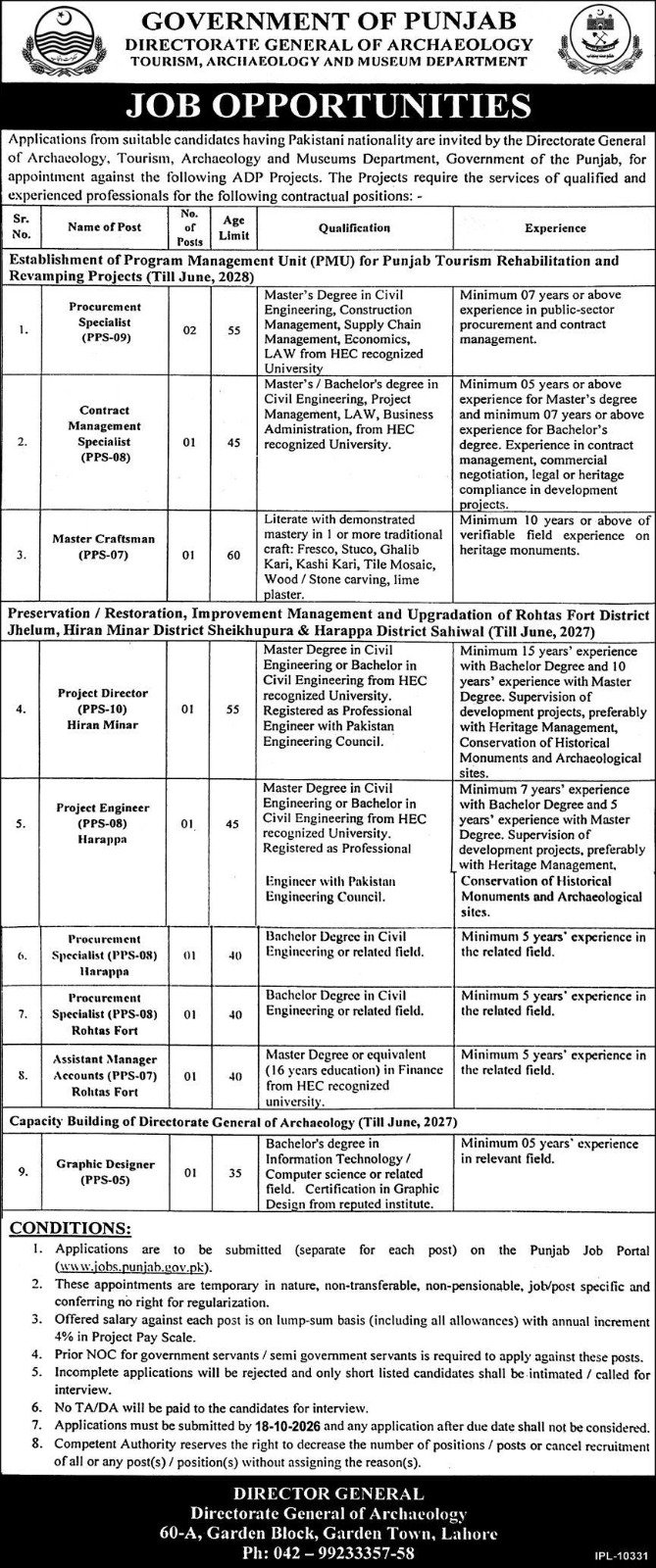 Directorate General of Archaeology Jobs 2026 Apply Online - Original Advertisement