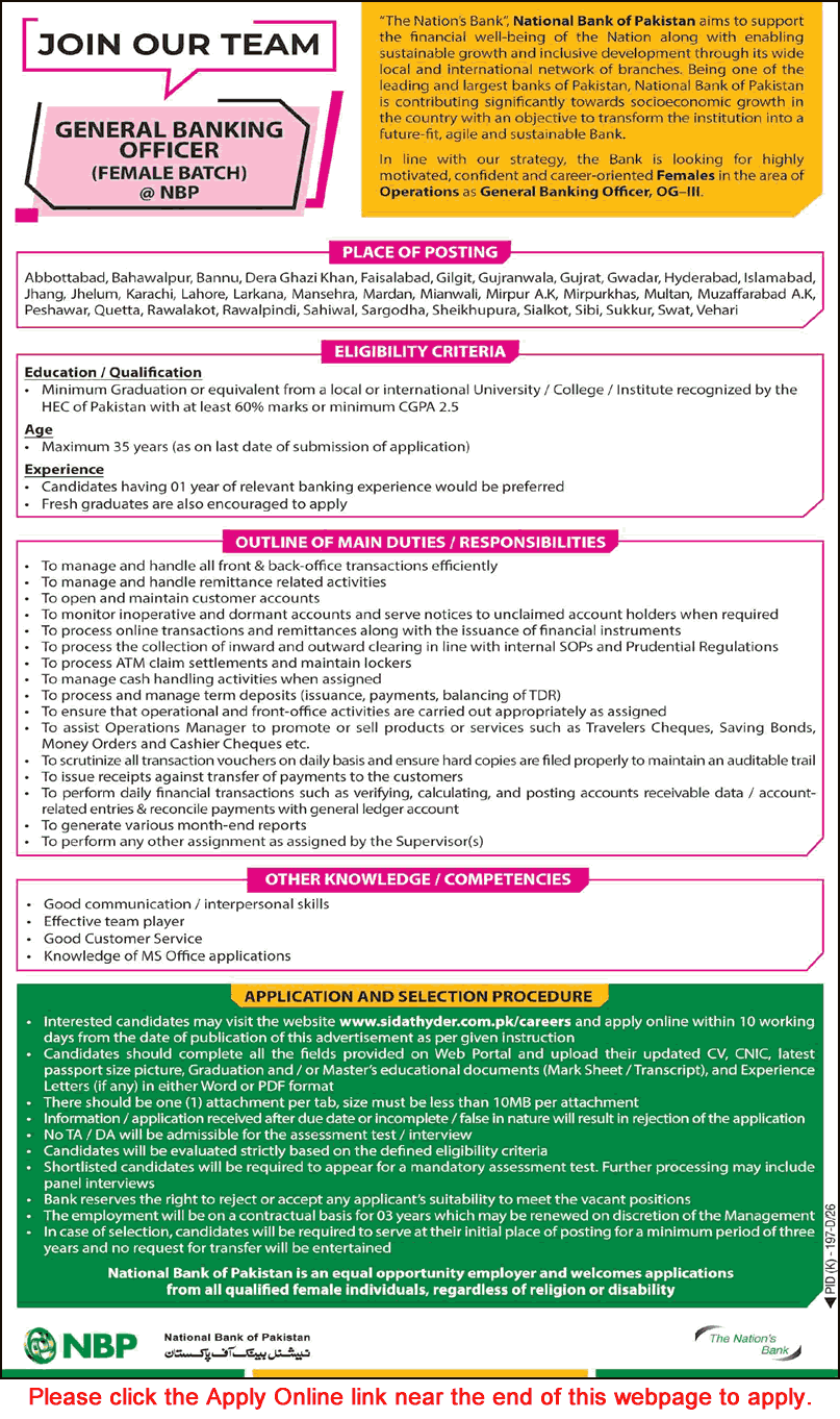 NBP General Banking Officer Female Jobs 2026 Apply