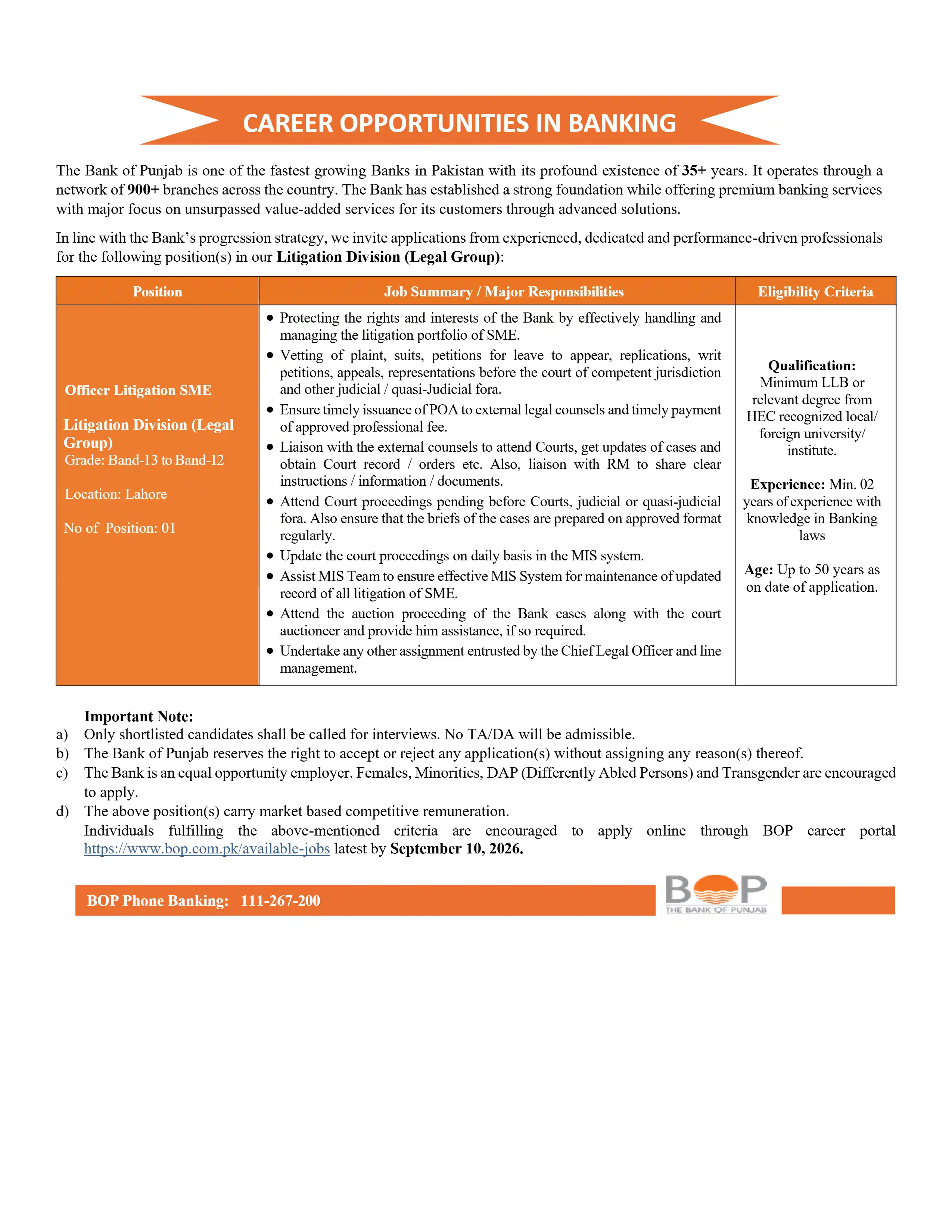 Bank of Punjab Officer Litigation Jobs 2026 Apply Online - Original Advertisement