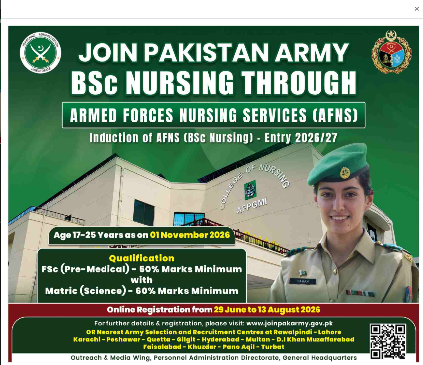 Join Pakistan Army AFNS BSc Nursing Jobs 2026 Apply Online
