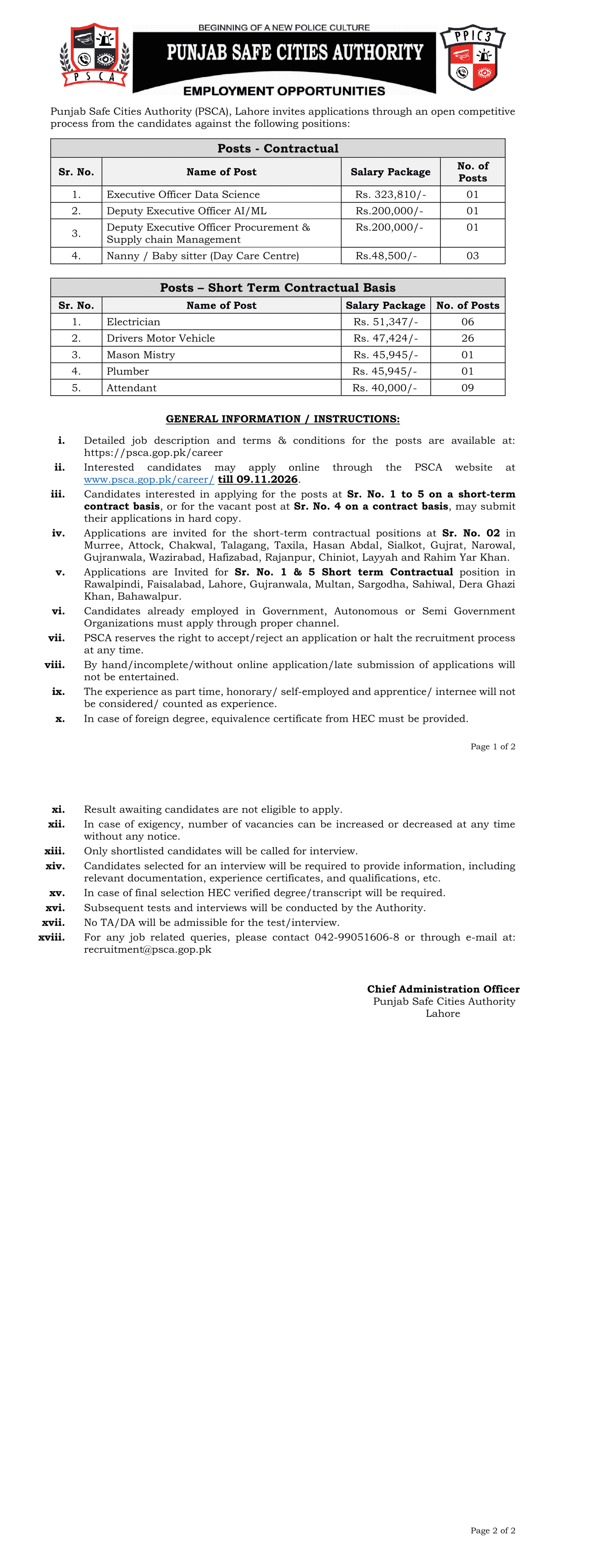 Punjab Safe Cities Authority Jobs 2026 Apply Online - Original Advertisement