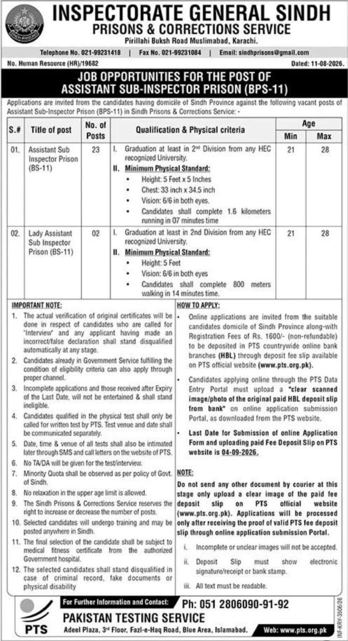 Sindh Prisons ASI Prison Jobs 2026 - Apply Online via PTS - Original Advertisement