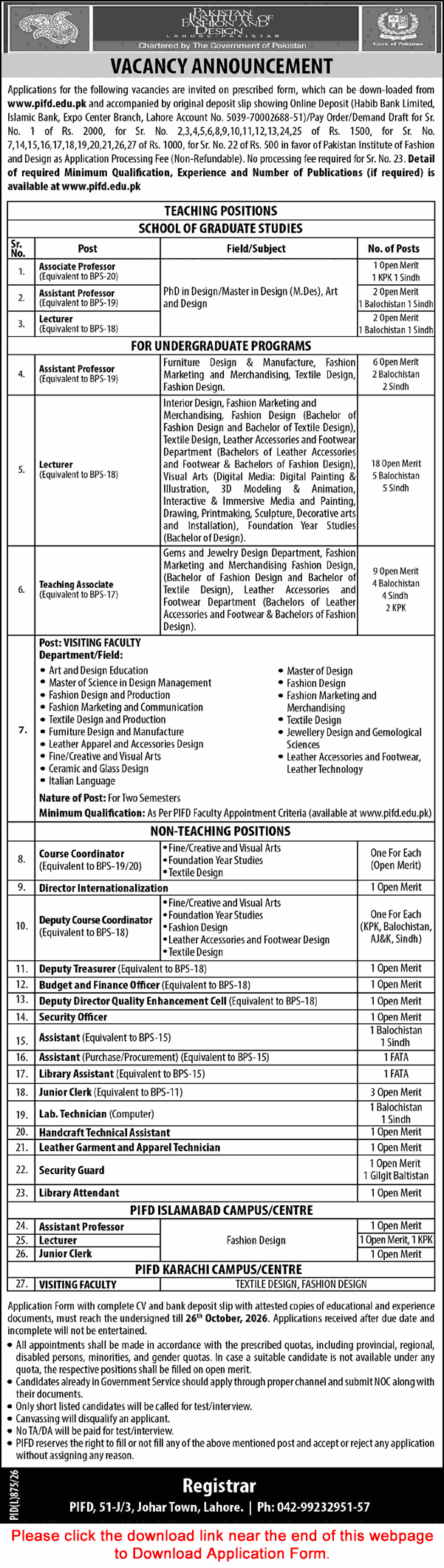 PIFD Lahore Jobs 2026 Teaching & Non-Teaching Apply Now - Original Advertisement