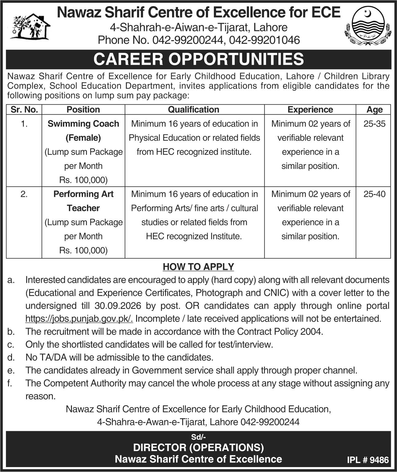 Nawaz Sharif Centre of Excellence ECE Jobs 2026 Apply Online - Original Advertisement