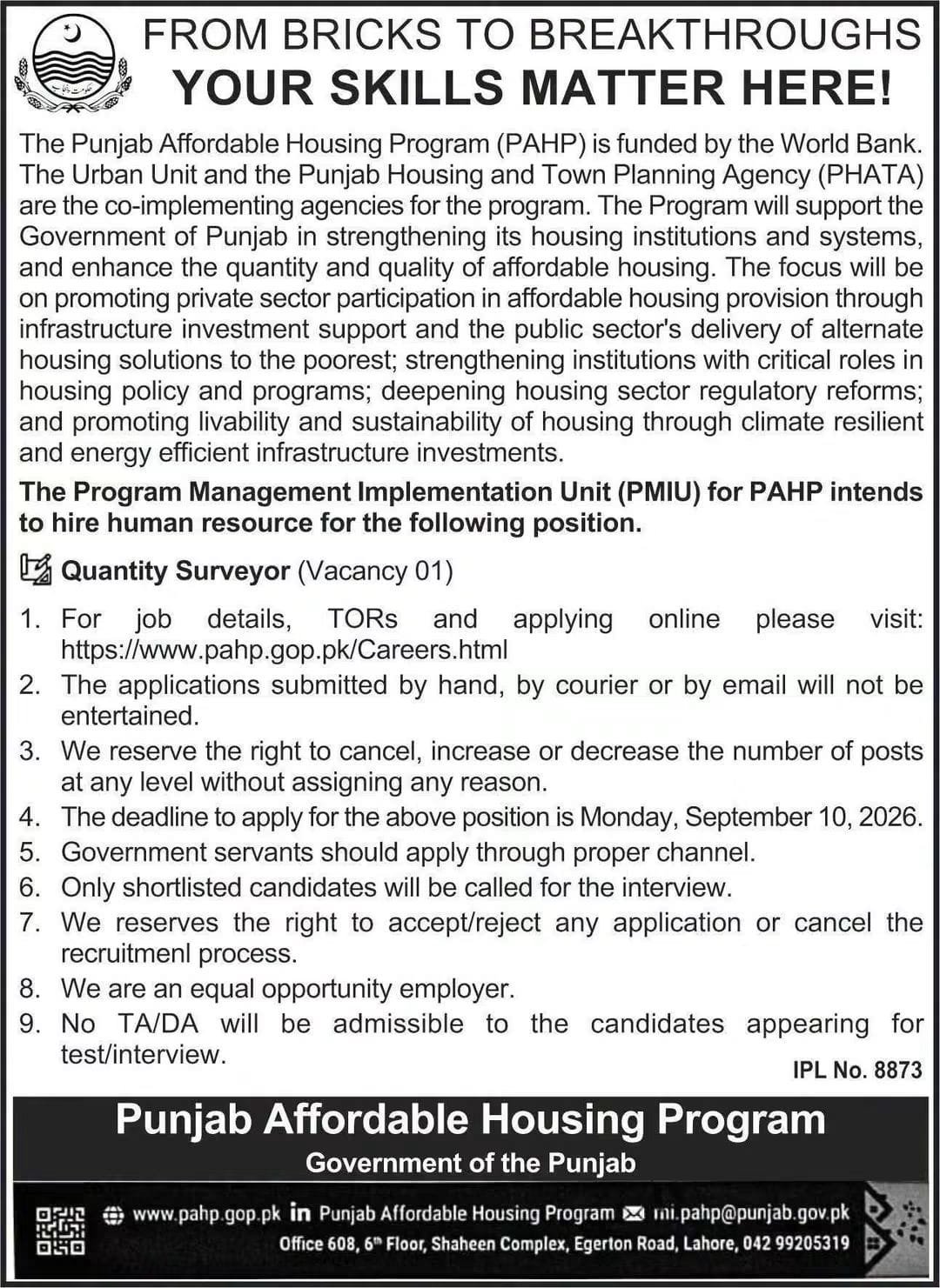 Punjab Housing PAHP Quantity Surveyor Jobs 2026 Apply Online - Original Advertisement
