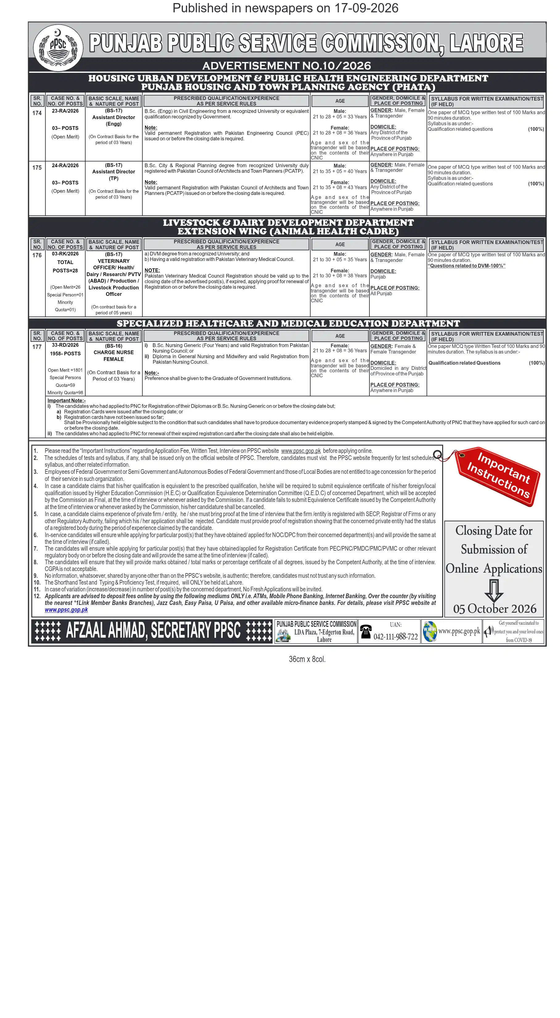 PPSC Lahore Jobs 2026 Advertisement No.10 Apply Online - Original Advertisement