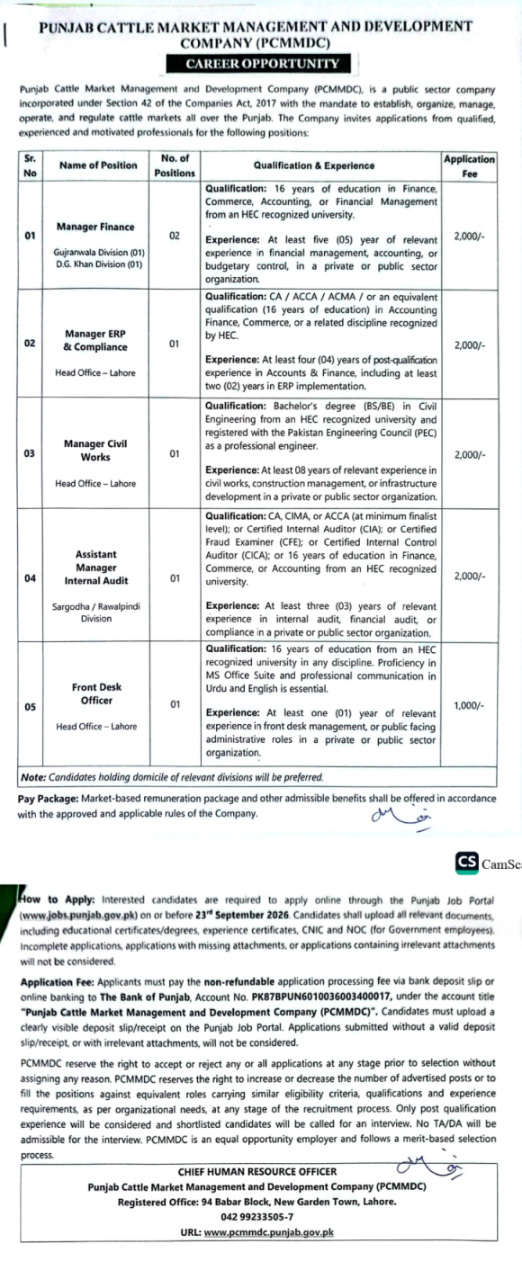 PCMMDC Punjab Cattle Market Jobs 2026 Apply Online - Original Advertisement