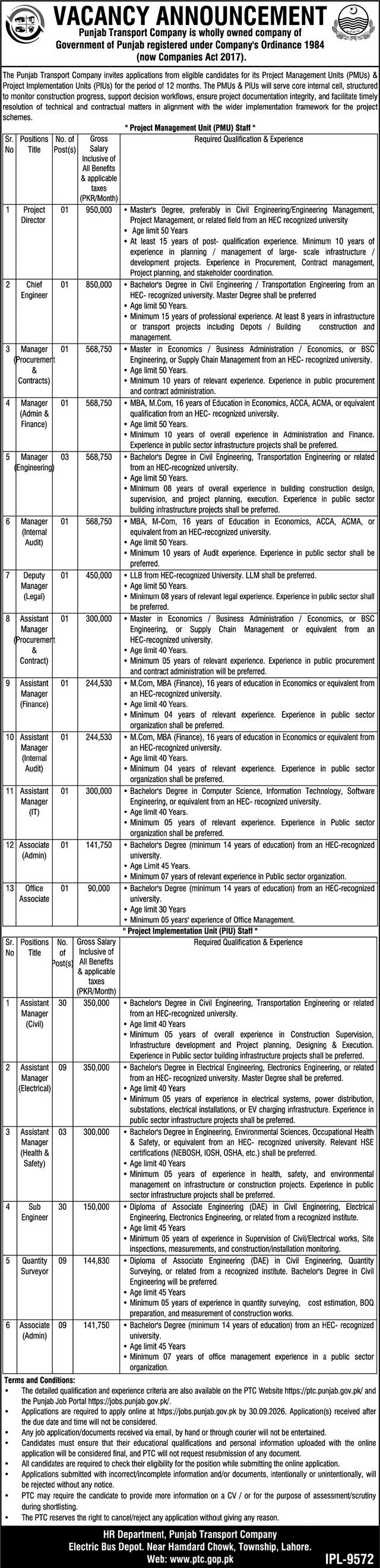 Punjab Transport Company Jobs 2026 PMU PIU Apply Online - Original Advertisement