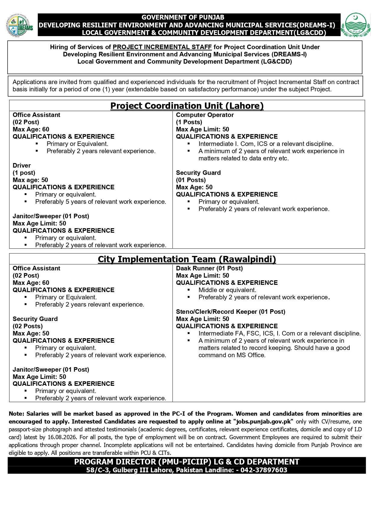 DREAMS-I LG&CDD Punjab Project Staff Jobs 2026 Apply Online
