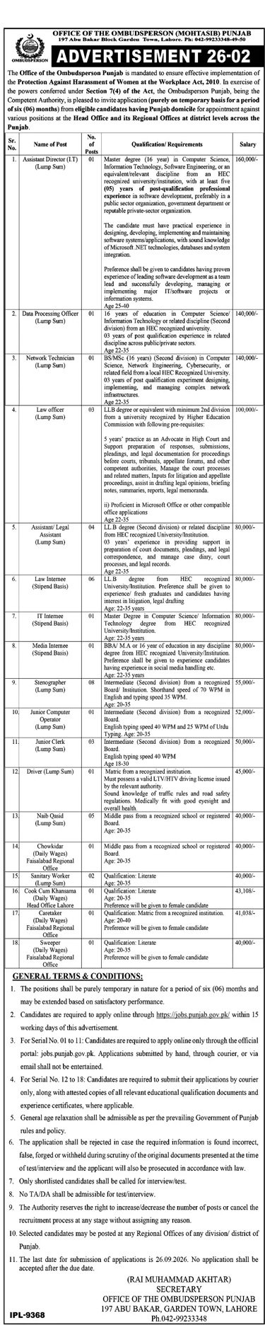 Ombudsperson Punjab Multiple Vacancies 2026 Apply Online - Original Advertisement