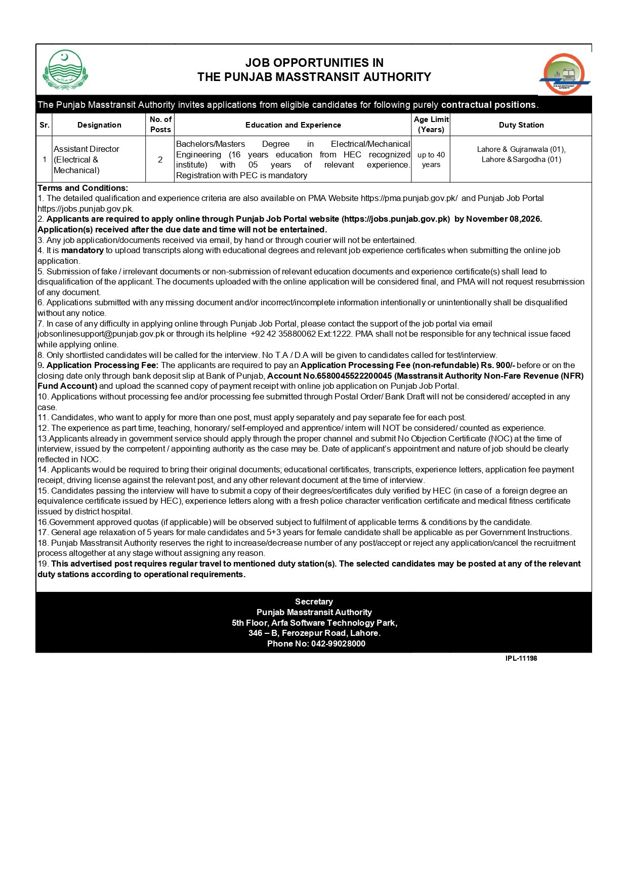 Punjab Masstransit Authority Jobs 2026 Apply Online - Original Advertisement