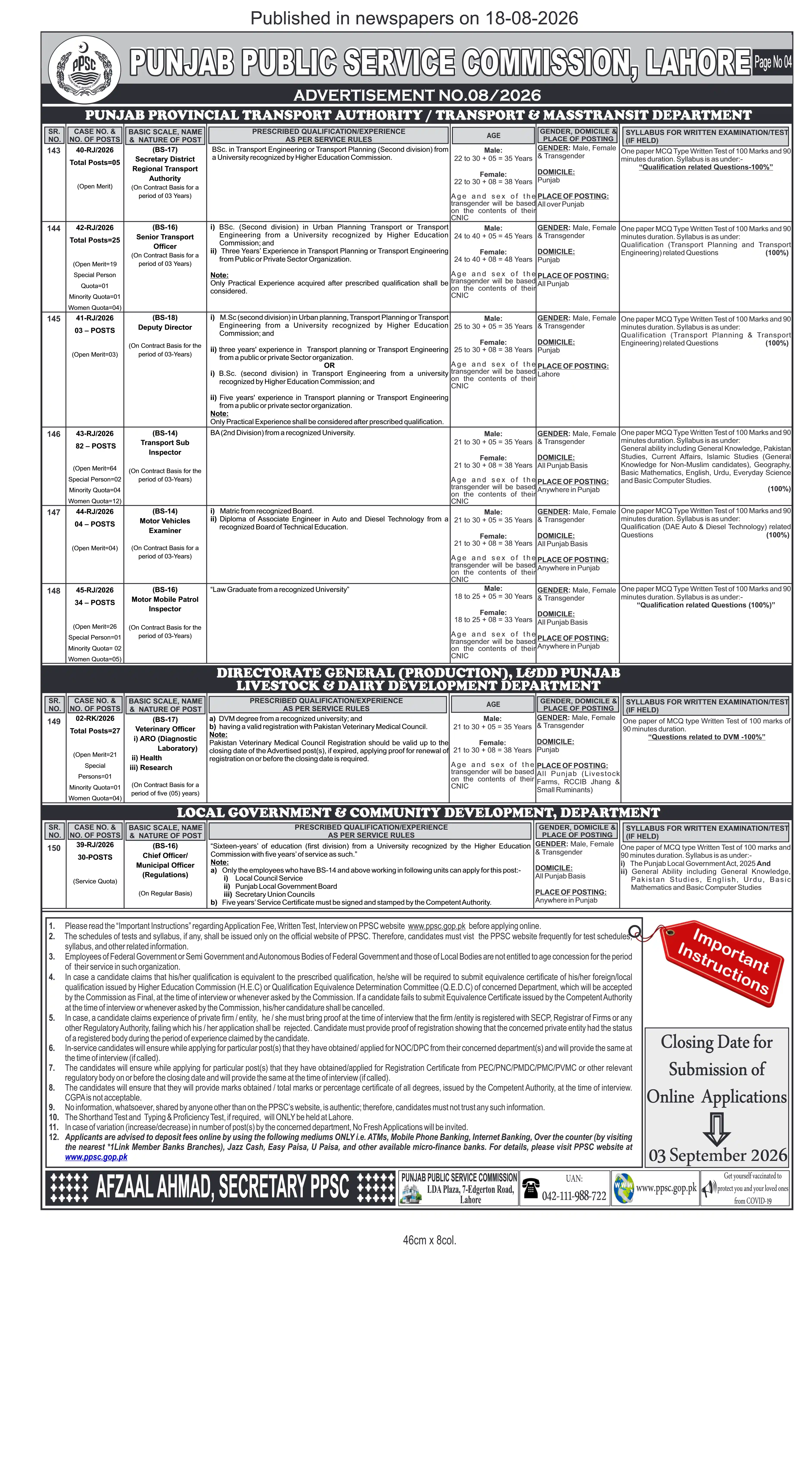 PPSC Jobs 2026 Transport Authority CMIT Apply Online - Original Advertisement