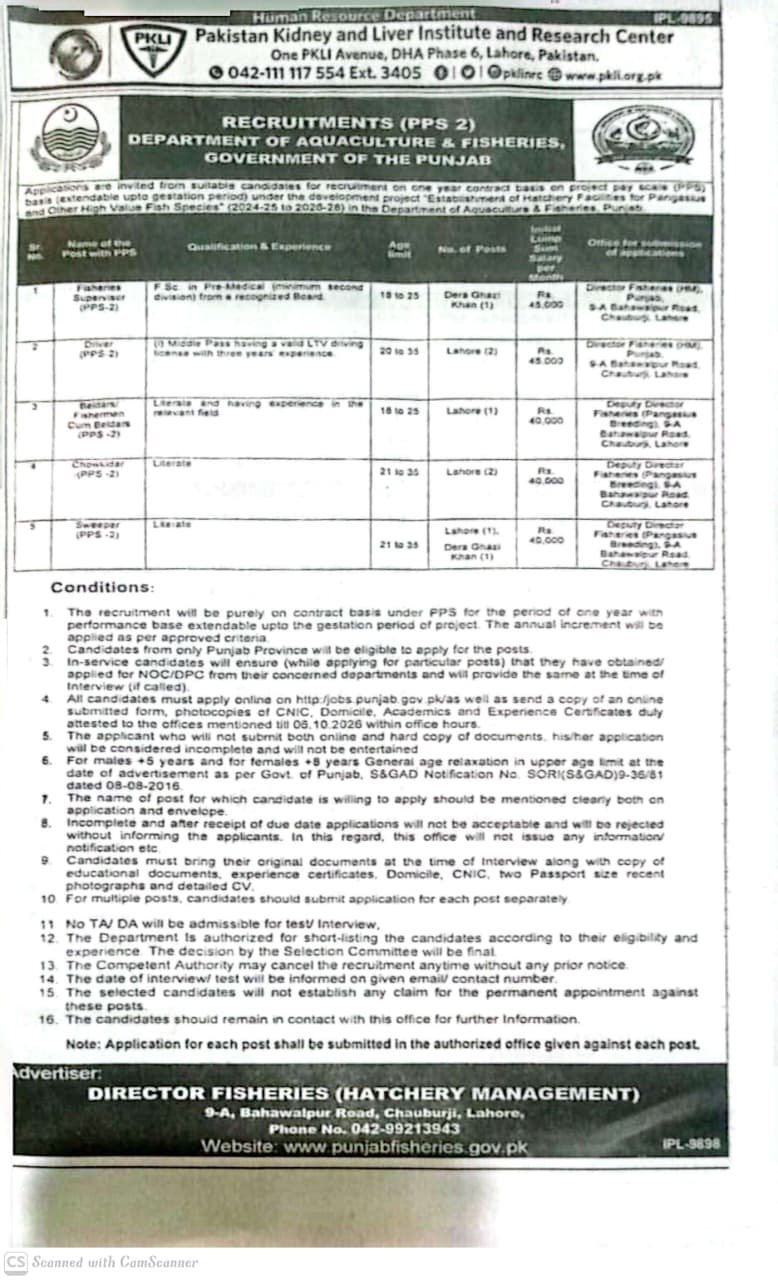 Punjab Fisheries Department Jobs 2026 Apply Online - Original Advertisement