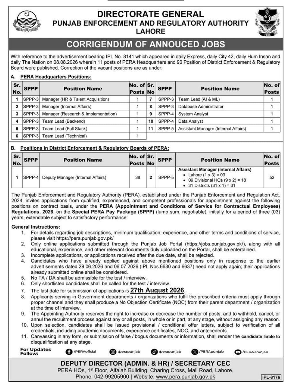 PERA Punjab Enforcement Authority Jobs 2026 Apply Online