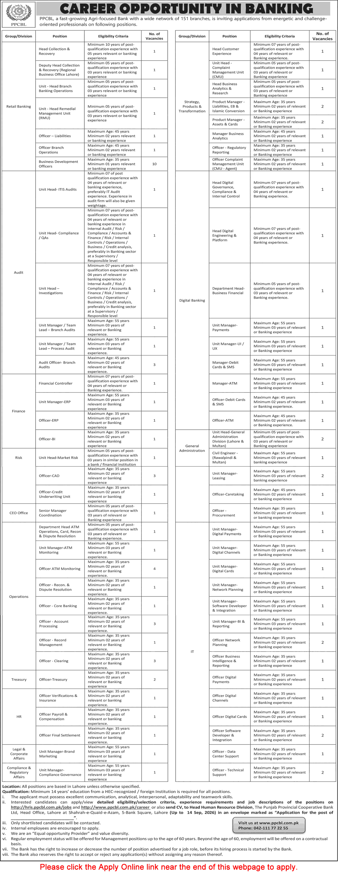 PPCBL Bank Jobs 2026 Career Opportunity Apply Online - Original Advertisement