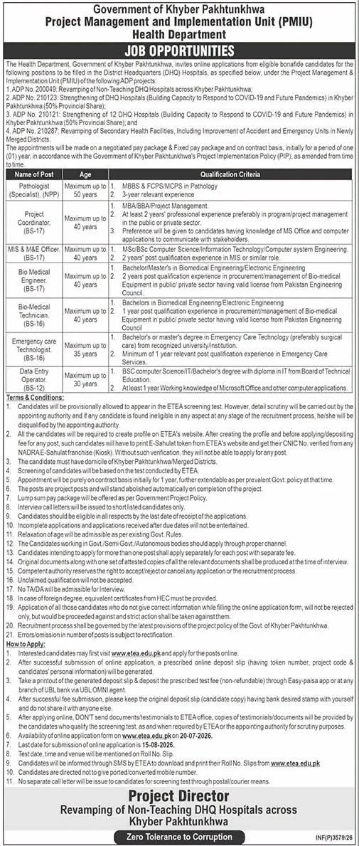PMIU Health Department KPK Jobs 2026 Apply Online