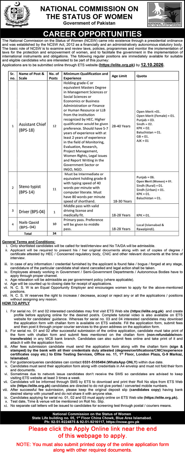 NCSW Jobs 2026 Assistant Chief Steno Typist Apply Online - Original Advertisement