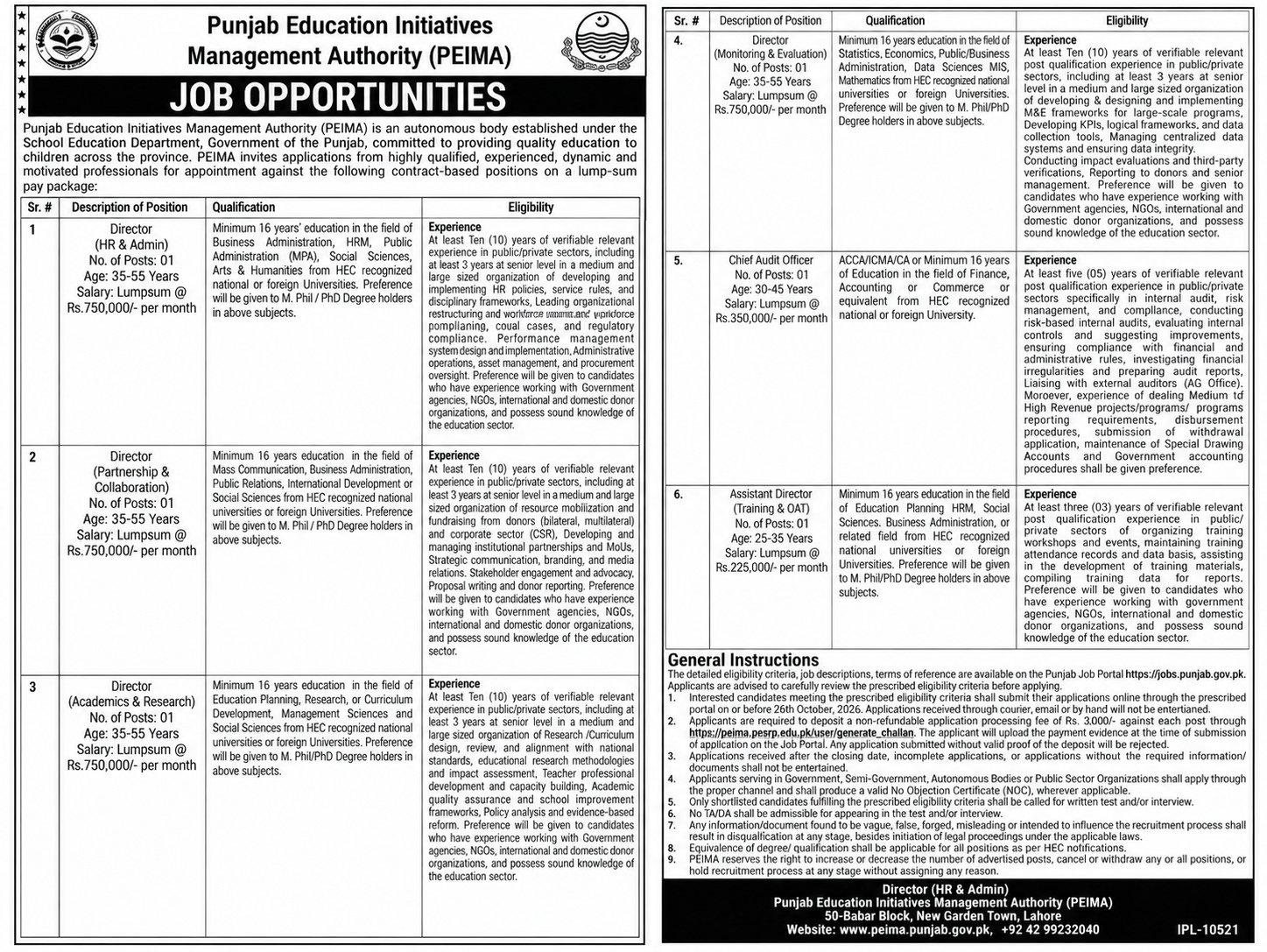 PEIMA Punjab Jobs 2026 Director Chief Audit Apply Online - Original Advertisement