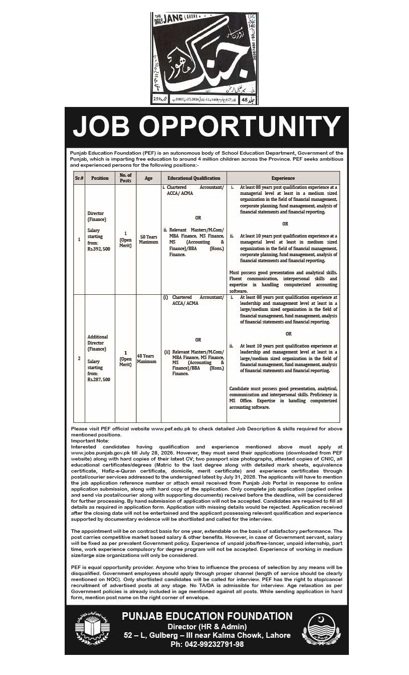 Punjab Education Foundation PEF Jobs 2026 Apply Online