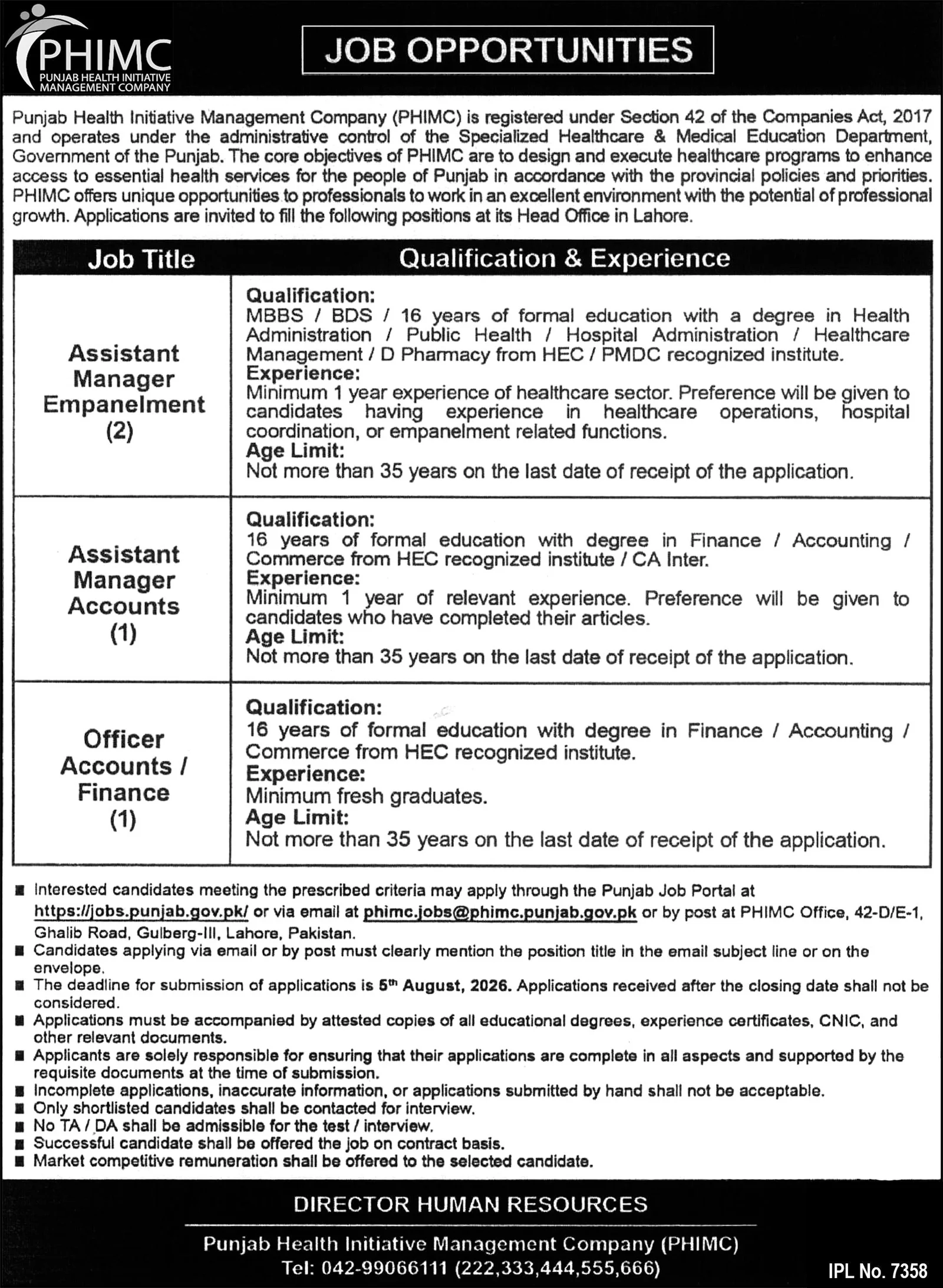 PHIMC Lahore Jobs 2026 Assistant Manager Apply Online