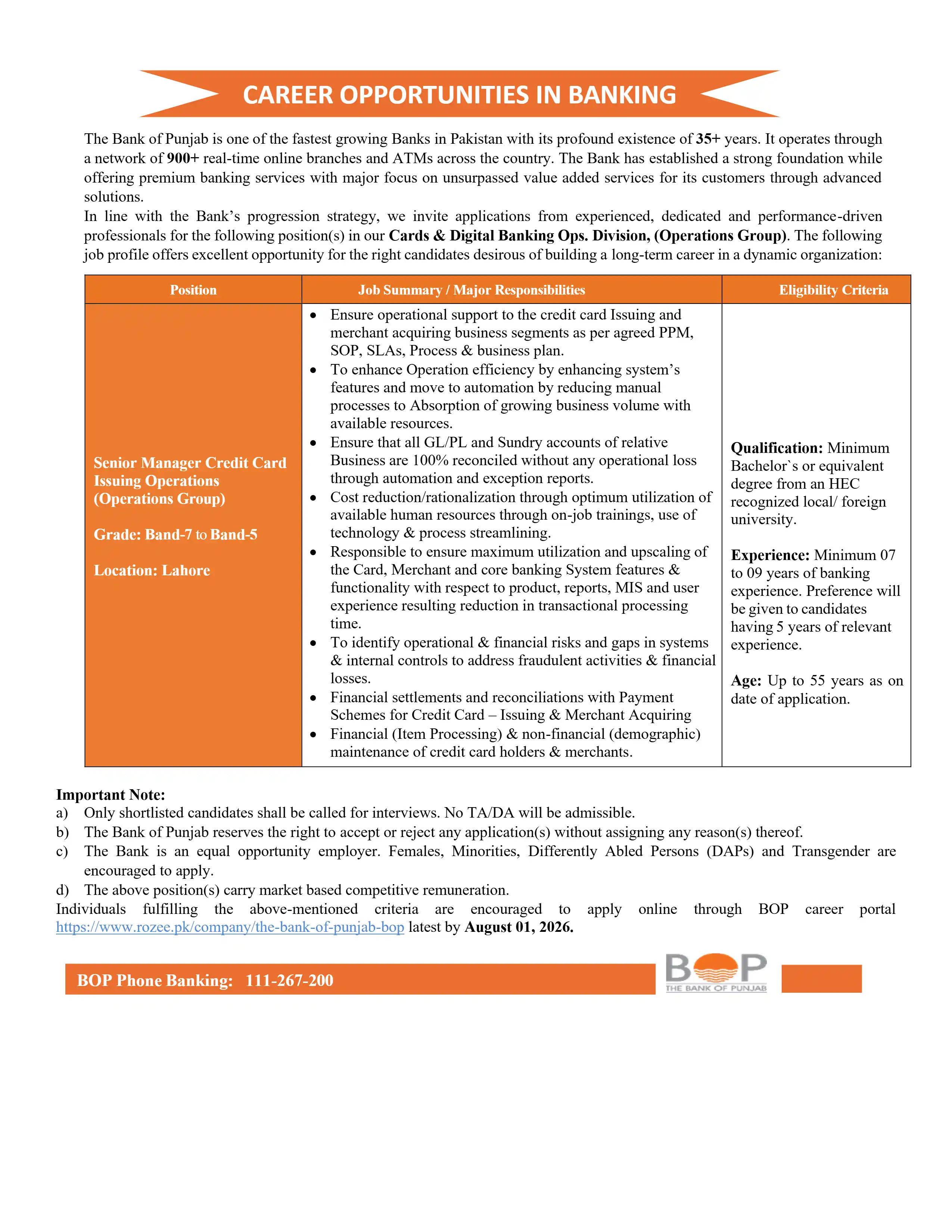 Bank of Punjab Credit Card Manager Jobs 2026 Apply Online