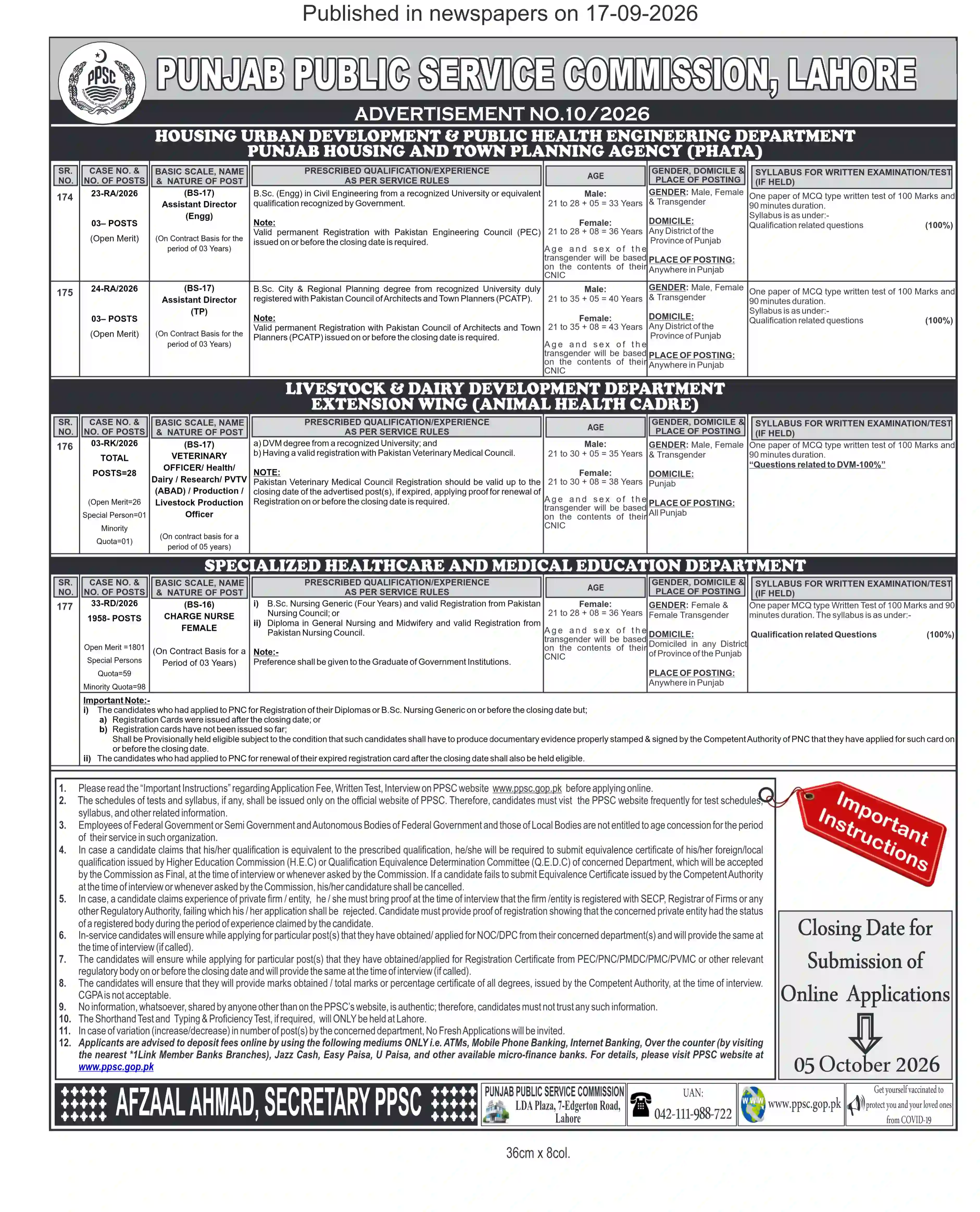 PPSC PHATA & Livestock Department Jobs 2026 Apply Online - Original Advertisement