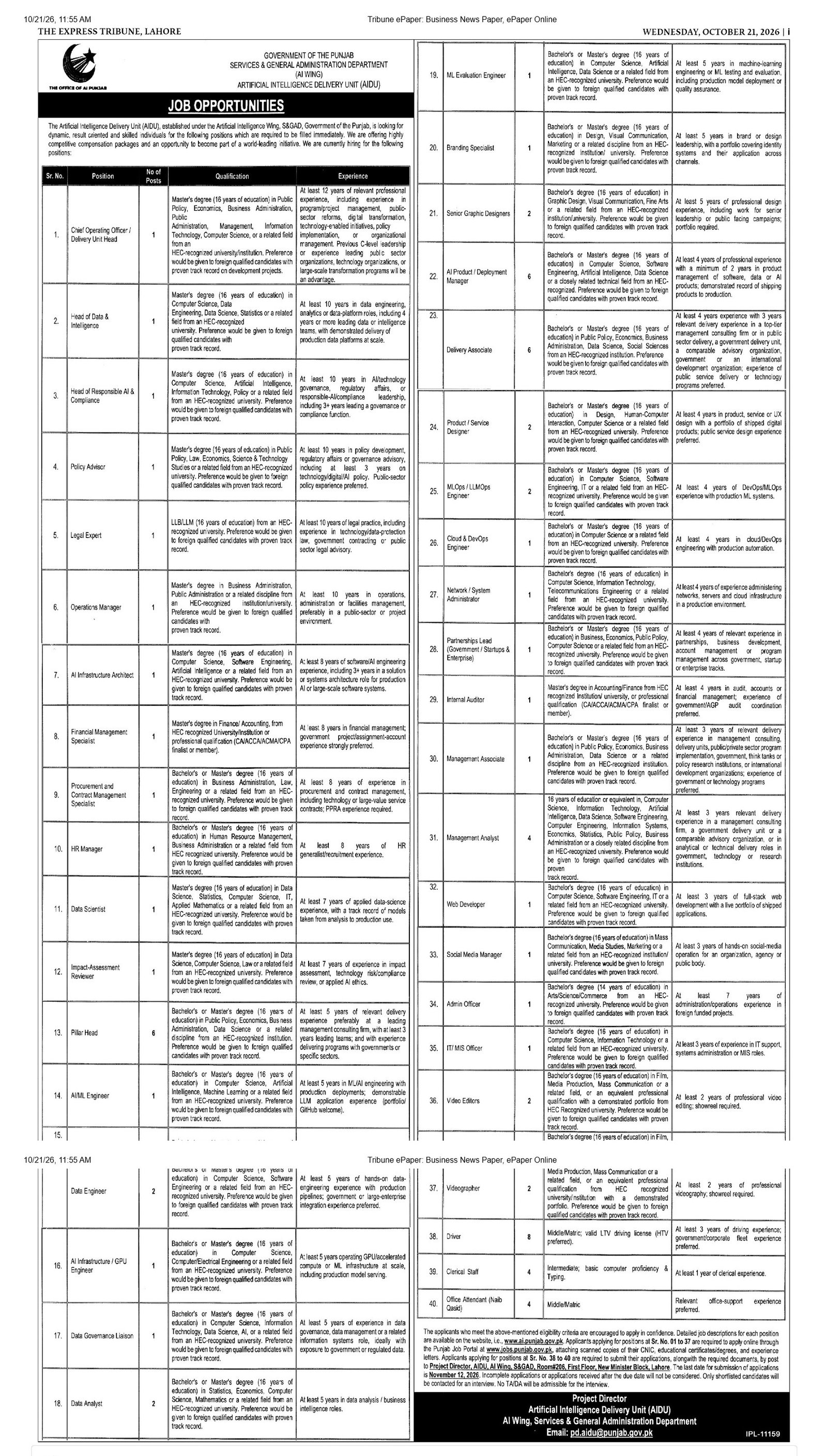 AIDU Punjab Jobs 2026 AI Engineer COO Apply Online - Original Advertisement