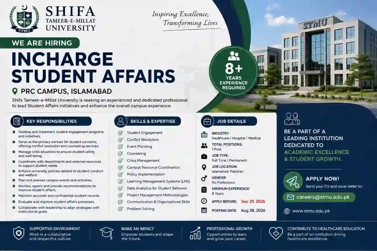 STMU Student Affairs Incharge PRC Jobs 2026 Apply Online - Original Advertisement