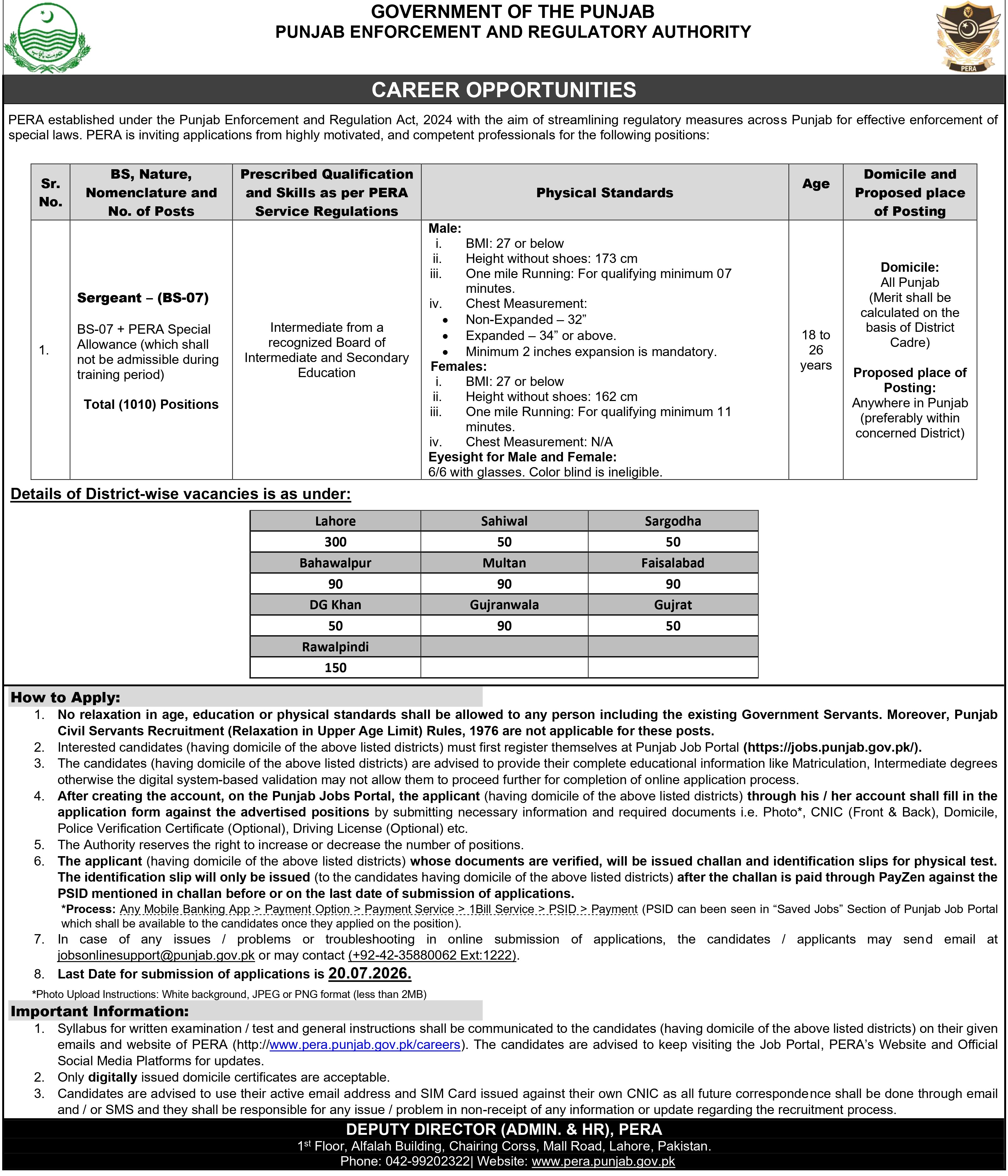 PERA Sergeant BS-07 Jobs 2026 in Punjab - Apply Online